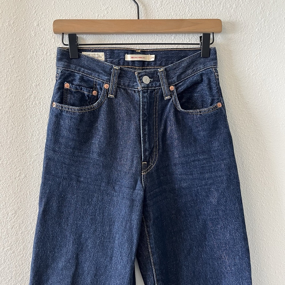 Levis Premium Ribcage WIde Leg Jeans Women 24 High Rise Dark Denim 100% Cotton - Picture 5 of 15